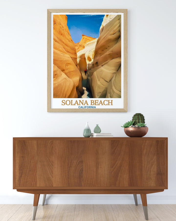 A stunning travel poster of Solana Beach and Annies Canyon Trail, offering a glimpse of Californias coastal beauty. This beach art print is a wonderful addition to any home decor, bringing the peaceful vibes of the ocean and nature trails into your space.