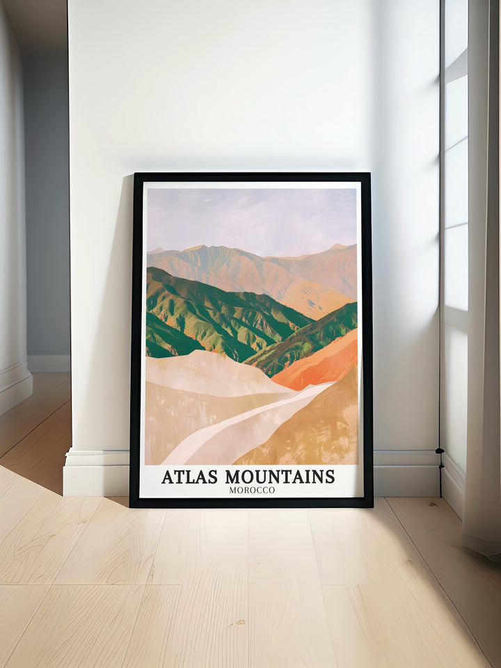 Chefchaouen Morocco art print showcasing the vibrant blue streets of the Blue Pearl with the Rif Mountains and Tizi nTichka Pass High Atlas mountains modern prints are perfect for adding Moroccan charm and adventure to your home decor