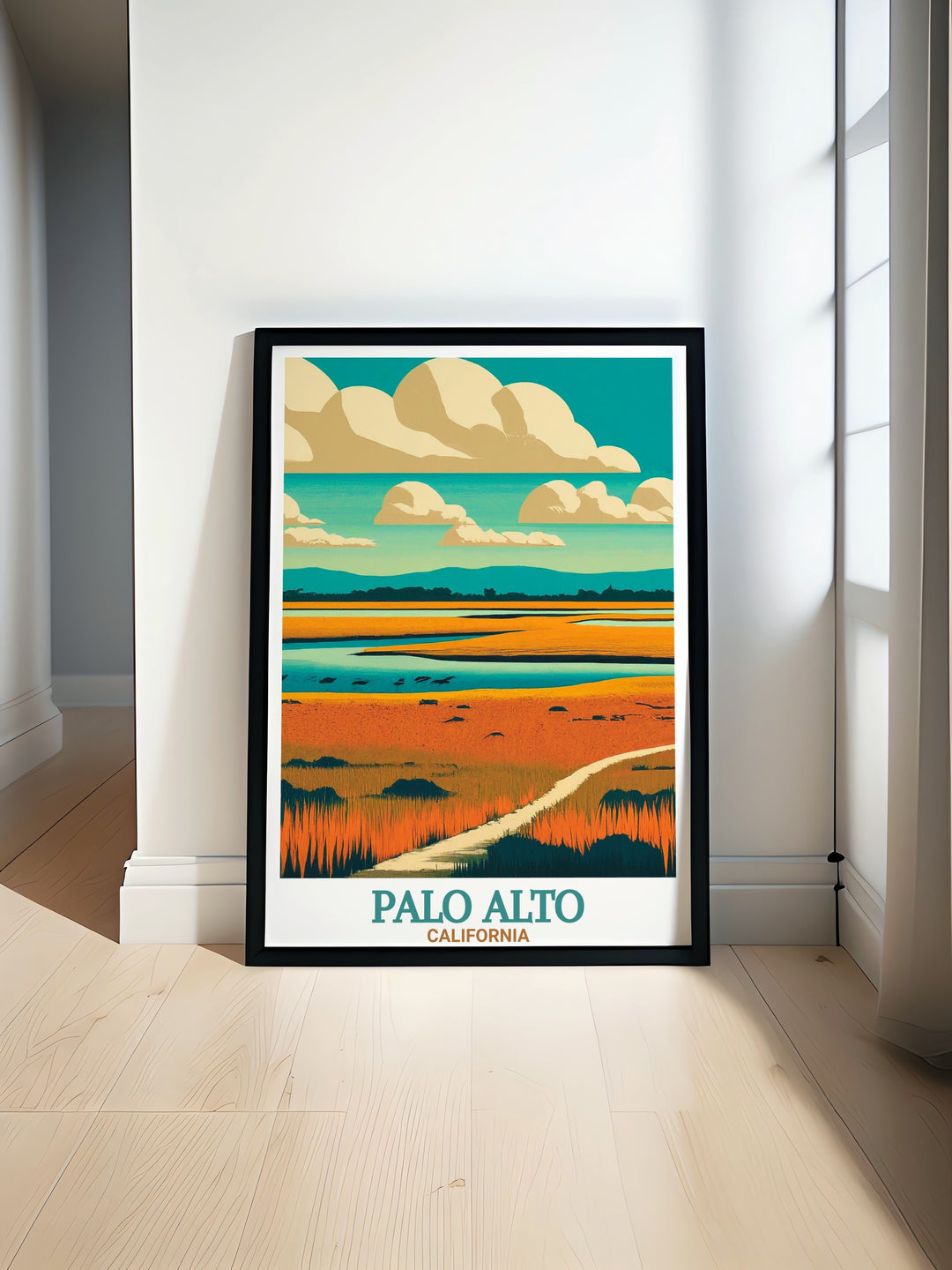 Vintage poster of Palo Alto Baylands Nature Preserve showcasing the blend of urban and natural landscapes in Palo Alto California with vibrant colors and intricate design perfect for home or office decor as a unique travel poster print.