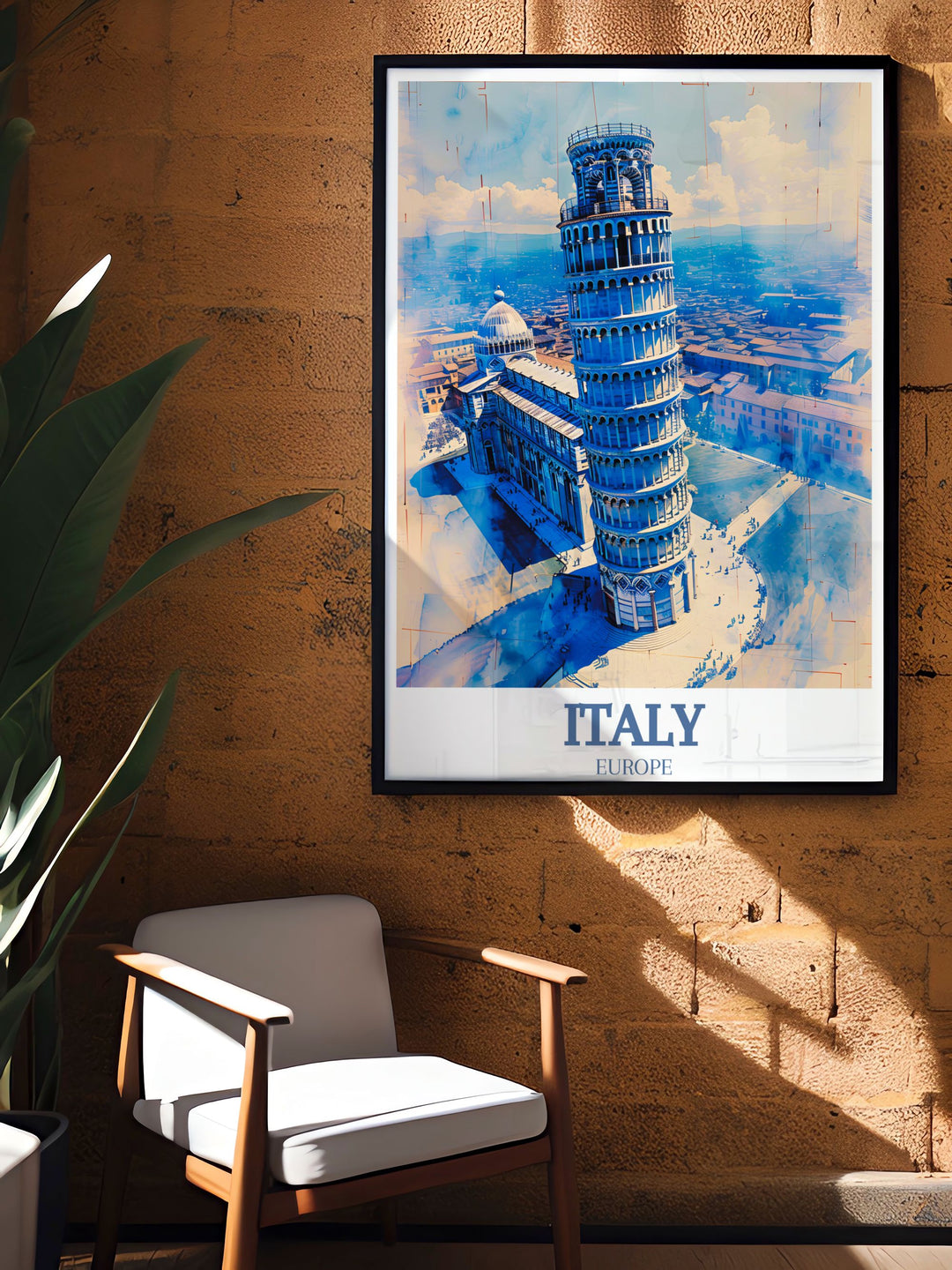 This art print of the Leaning Tower of Pisa and Pisa Cathedral offers a stunning representation of Italys most famous landmarks, ideal for travel enthusiasts.