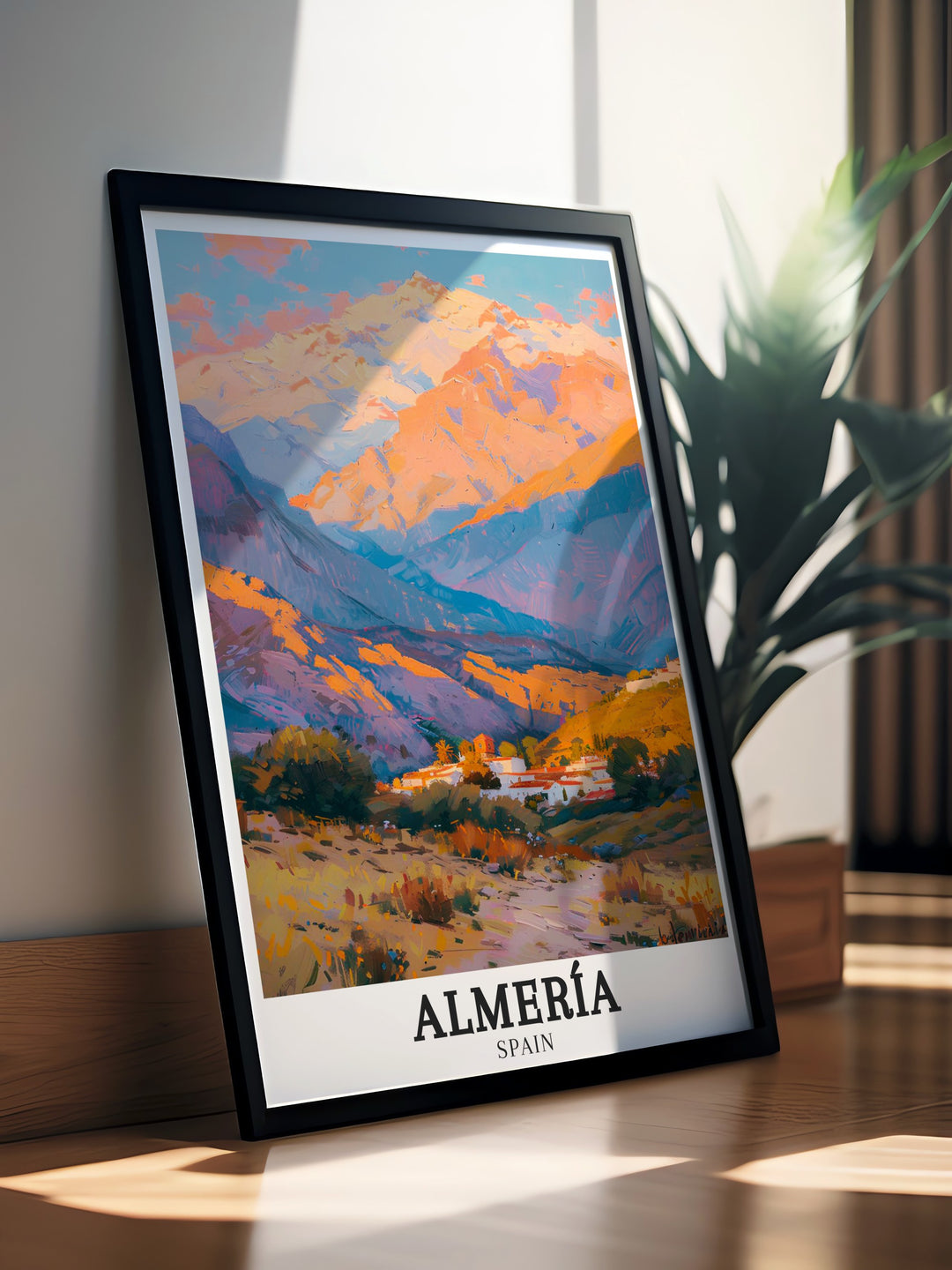 Almería poster print featuring the stunning landscapes of the Tabernas Desert and the Sierra Nevada Mountains. This travel art captures the diverse natural beauty of Spains southern region, perfect for adventurers and nature lovers.