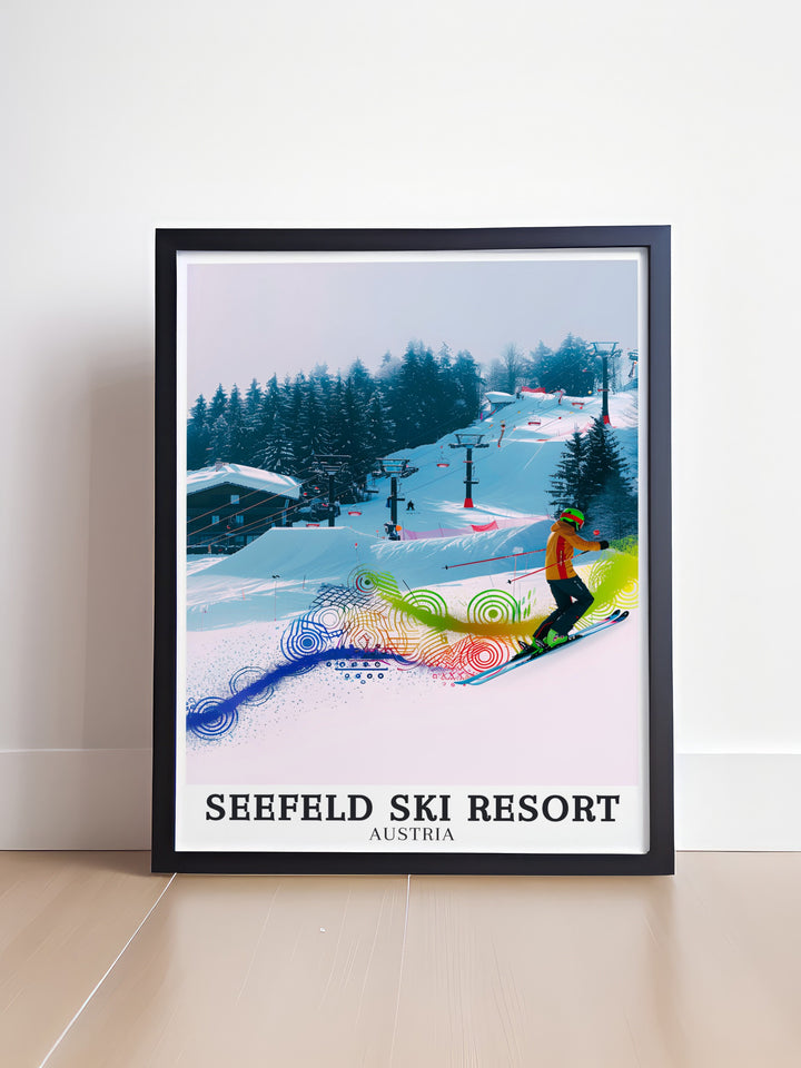 Seefeld Ski Resort Poster showcasing the Gschwandkopf jump ramp and Tyrolean ski area. This art print is ideal for Austria skiing fans who want to bring the beauty of the Alps and winter sports into their home decor.