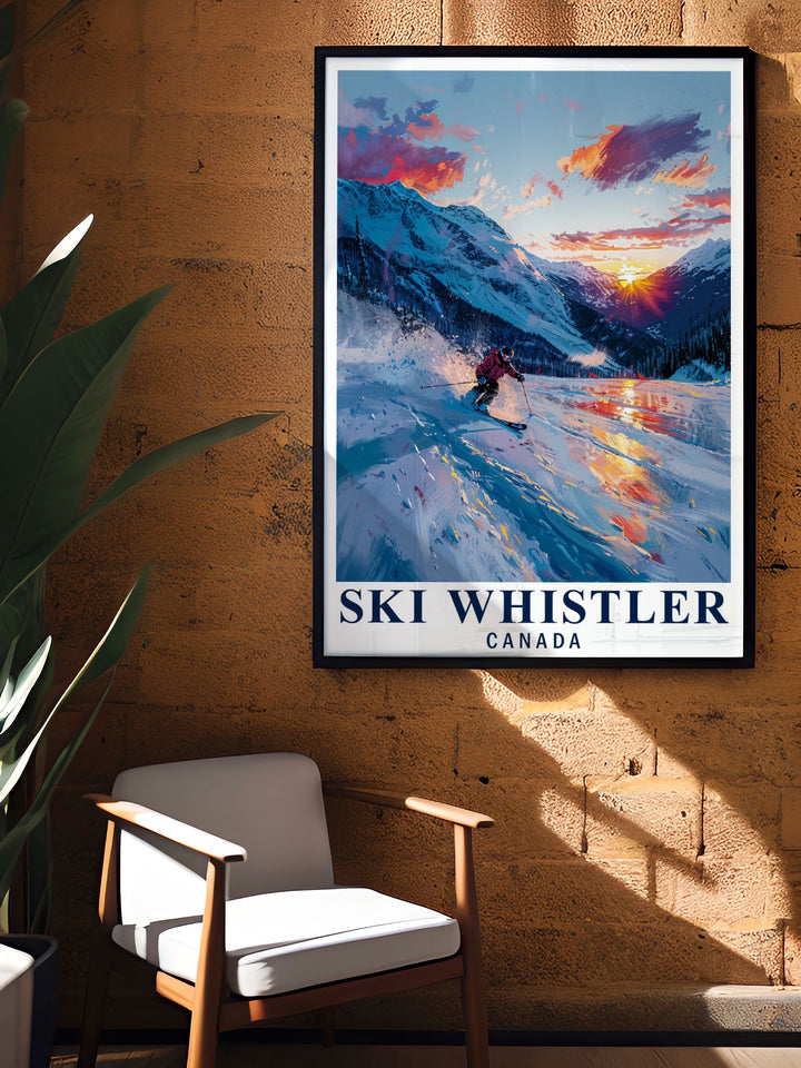 Whistlers majestic snow capped peaks are beautifully portrayed in this vintage ski art print. Featuring a dynamic skiing scene, this poster is perfect for adding an alpine touch to your home or as a memorable gift for outdoor adventurers and travel enthusiasts.