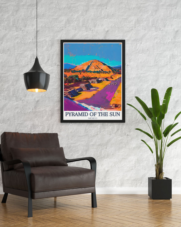 Teotihuacan Avenue of the Dead Quetzalcoatl Temple modern art prints capturing the grandeur of the Sun Pyramid perfect for enhancing your home with a touch of history and adding a unique conversation piece to any space.