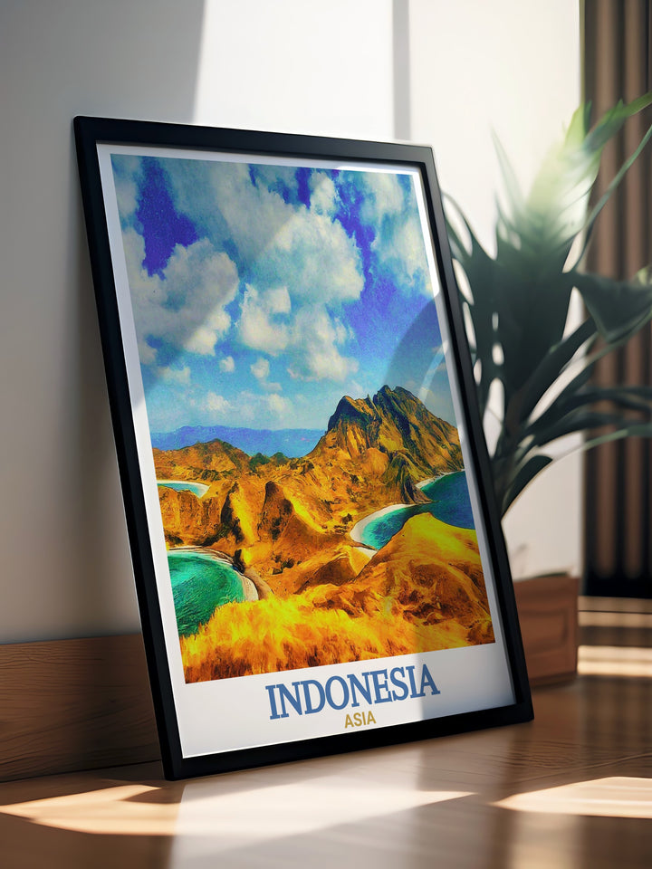 Indonesia poster print highlighting Komodo National Parks wild beauty and Balis tropical paradise. This travel poster makes a great gift for globetrotters and anyone who appreciates the worlds natural wonders.