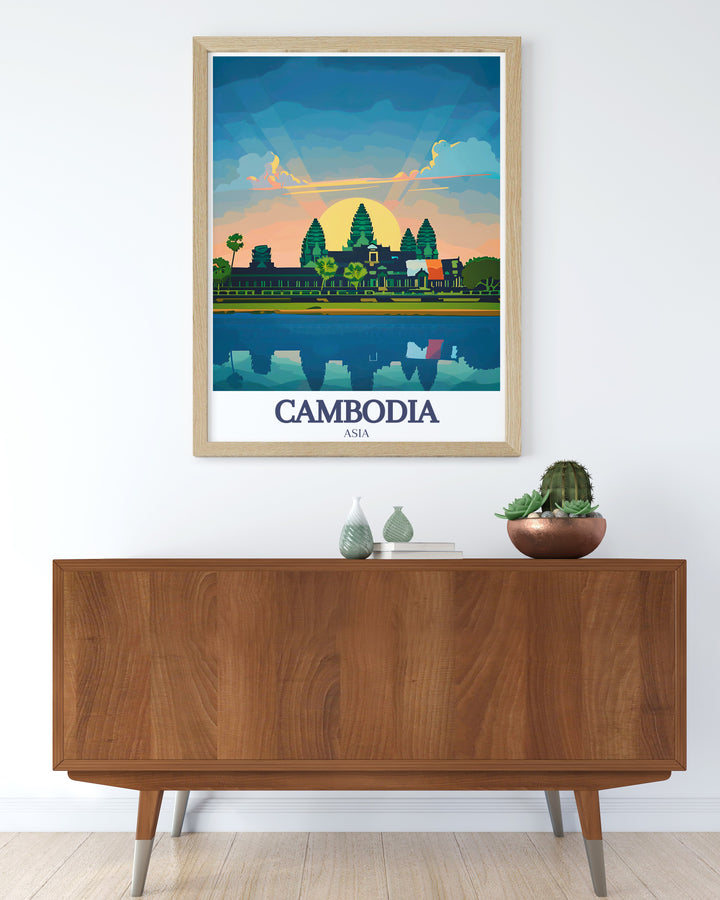 Angkor Wat Khmer wall art featuring the majestic temple in Siem Reap. This print is a celebration of Cambodias architectural brilliance and cultural heritage. Ideal for art collectors and those who appreciate ancient wonders and historical landmarks.
