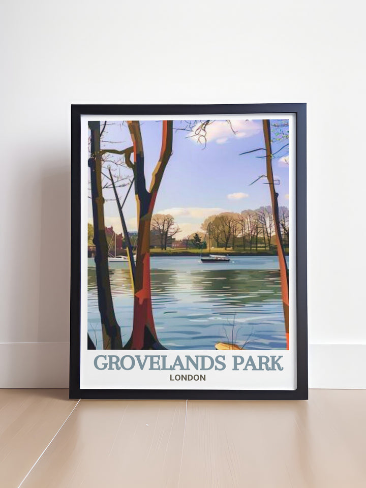 Grovelands Park Lake stunning wall art showcases the peaceful scenery of one of North Londons most beloved parks. This vintage print is a perfect choice for anyone looking to create a serene atmosphere in their living space with art that honors local parks.