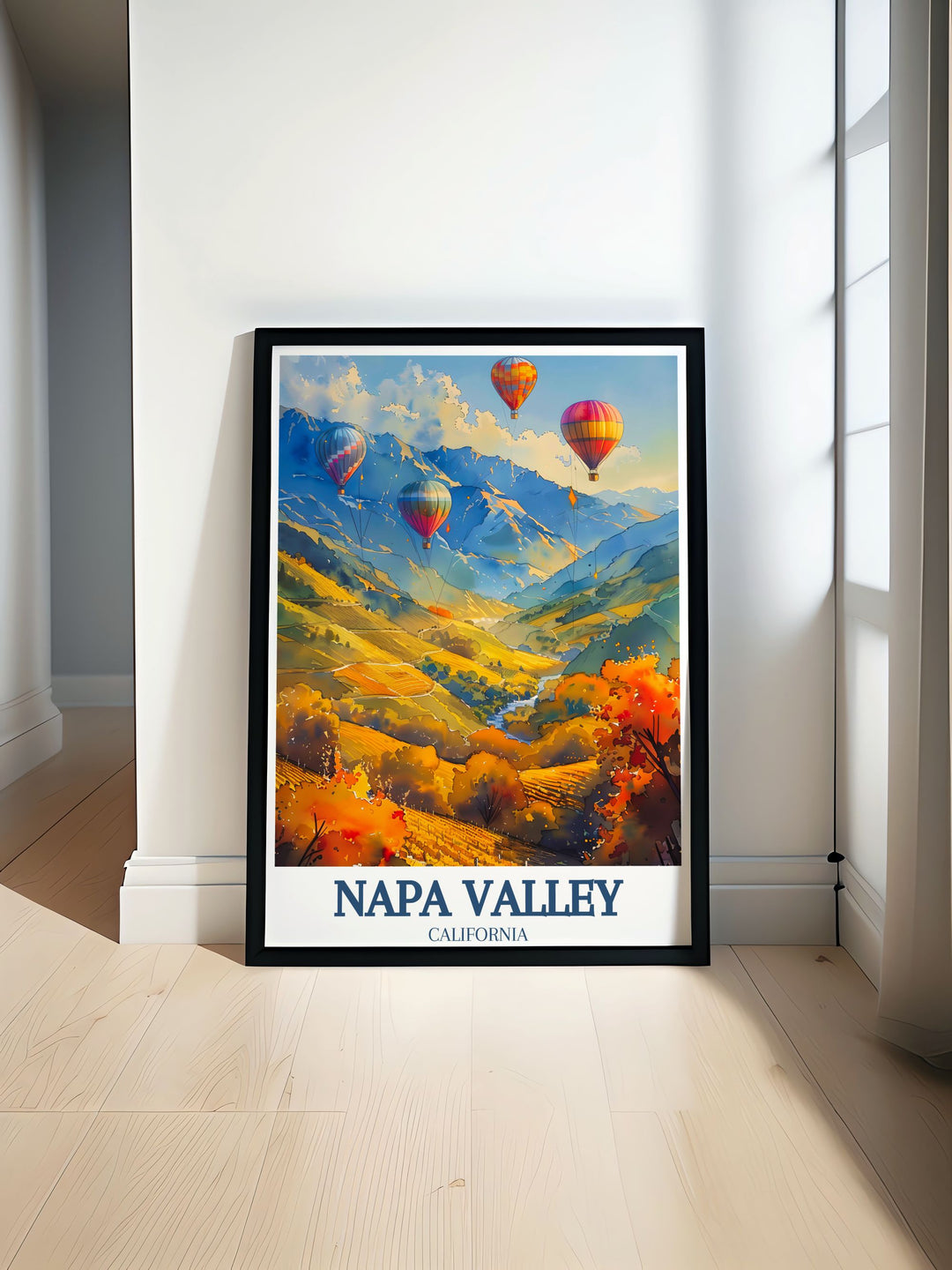 Napa Valley Print showcasing the serene Napa River with vibrant hot air balloon rides against the majestic Mayacamas and Vaca mountain ranges an elegant piece of modern art for any living space