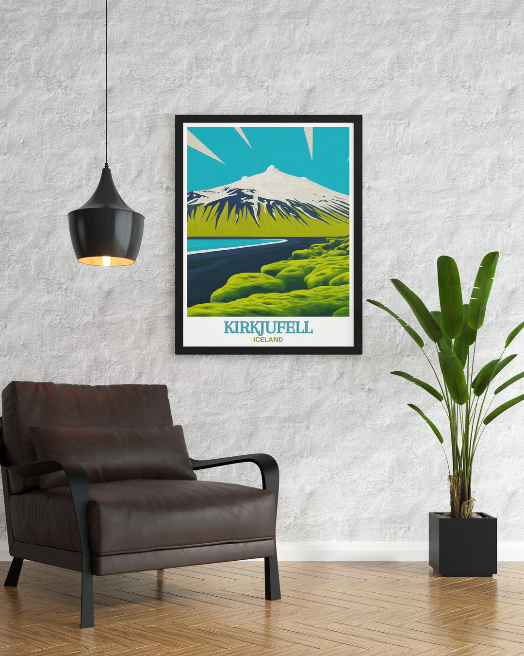 Snæfellsjökull Travel Print showcasing the stunning and diverse landscapes of Snæfellsjökull National Park, where glaciers, lava fields, and ancient craters create a breathtaking natural mosaic. The print captures the essence of Icelands wild beauty, perfect for those who are captivated by the spirit of adventure and the allure of remote, untamed landscapes.