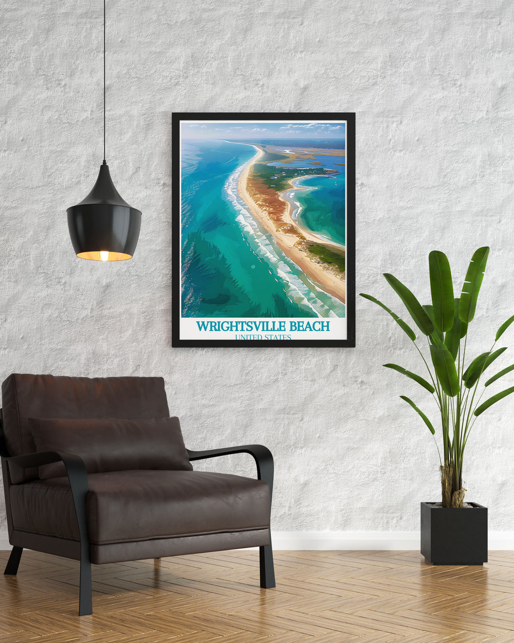 Masonboro Island and Wrightsville Beach are beautifully depicted in this wall art print. The aesthetic poster captures the tranquil charm of North Carolinas coastline with a calming color palette making it an ideal choice for enhancing your living room decor.