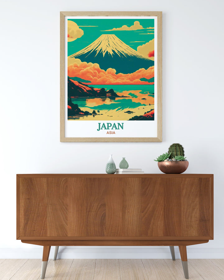 Featuring Mount Fuji, this Japan travel poster is the perfect piece for lovers of natural beauty and serene landscapes. The artwork captures the peaceful aura of Fuji, making it an excellent addition to any living space. Great for anyone who has a passion for Japan and travel art.