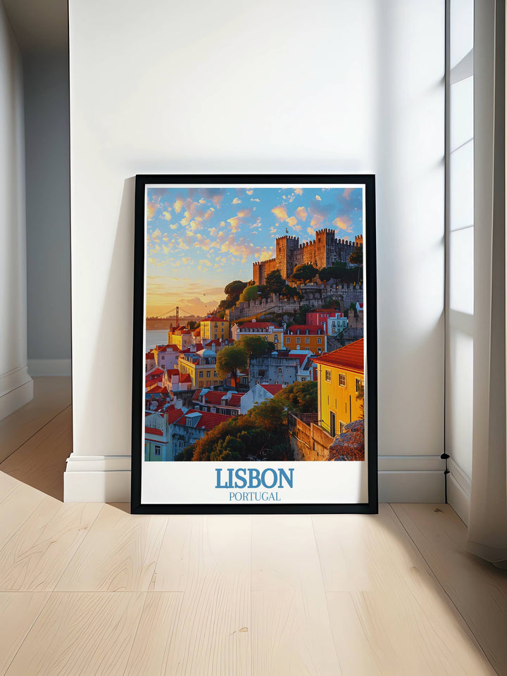 Sao Jorge Castle Modern Print highlighting the architectural grandeur of this iconic Portuguese landmark with a clean and elegant design perfect for home decor and wall art.