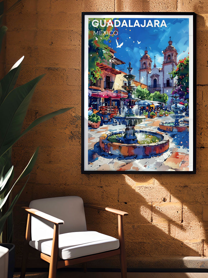 Add a piece of Mexico to your decor with this Plaza Tapatía travel poster. This Guadalajara print highlights the squares beauty and its connection to the citys vibrant culture. Perfect for any travel enthusiast or lover of Mexican heritage.