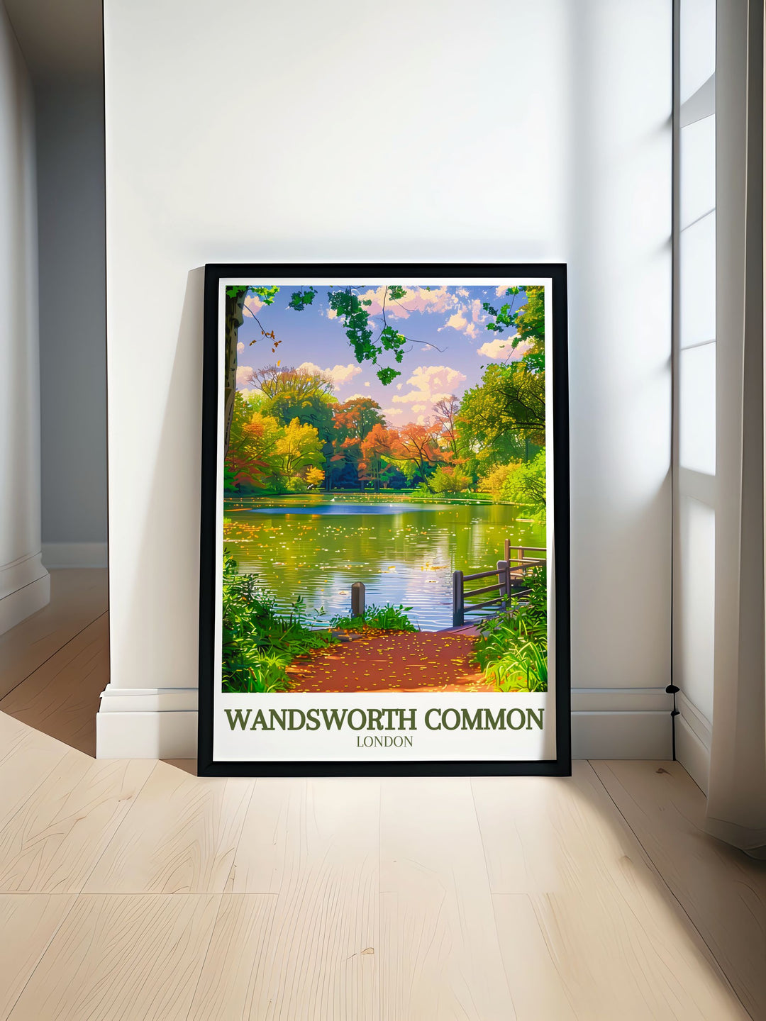 Beautiful illustration of Wandsworth Common featuring the iconic Wandsworth Windmill and lush greenery of Wandsworth Park. Perfect for those who love South London and want a stunning vintage London print for their home decor.