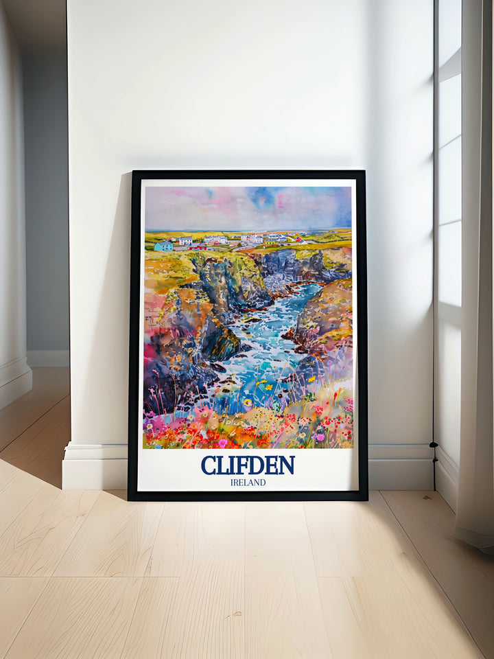 This detailed poster print captures the beauty of Clifden, set against the backdrop of the Wild Atlantic Way and Connemara. Perfect for home decor, this artwork brings Irelands rugged western coast into your living space, showcasing the towns rich history and stunning landscapes.