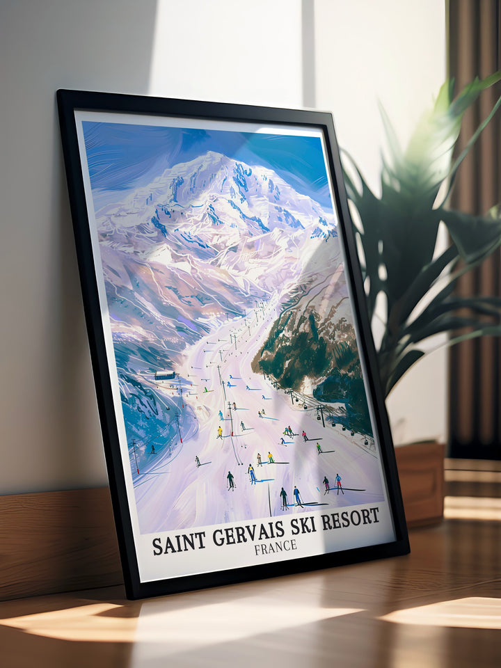 Saint Gervais ski resort captured in a vintage travel print. The artwork showcases the picturesque slopes and the towering Mont Blanc in the background, making it a perfect addition to any ski lovers home decor, blending nostalgia with the beauty of the French Alps.