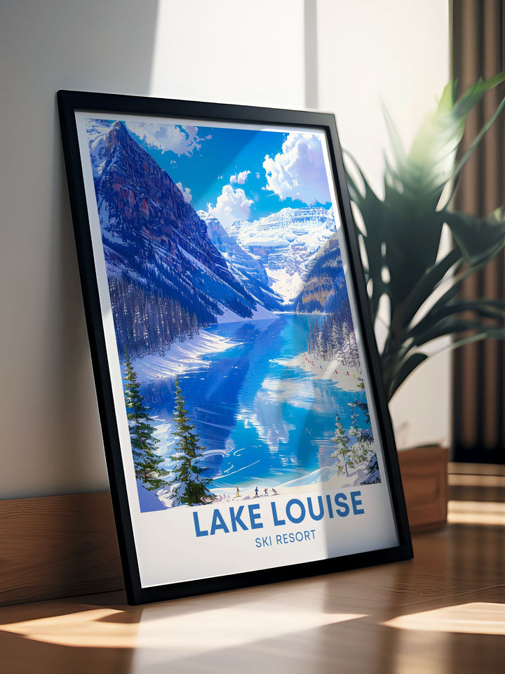 An illustration of Banff National Park with Lake Louise at its heart, emphasizing the diverse wildlife and spectacular landscapes of Canadas oldest national park.