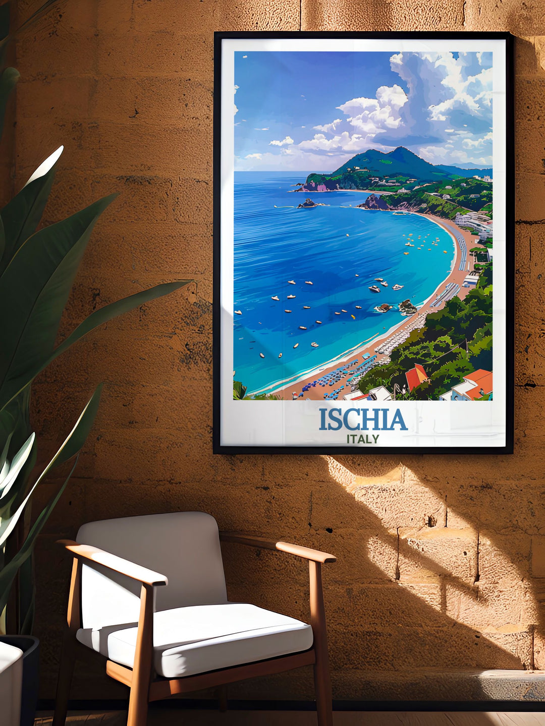 A vibrant Ischia poster print featuring Maronti Beach, capturing the serene coastline of this Italian paradise. Perfect for beach lovers and travel enthusiasts, this artwork brings the peaceful beauty of Ischia into your home. Ideal for decorating living rooms or gifting loved ones.