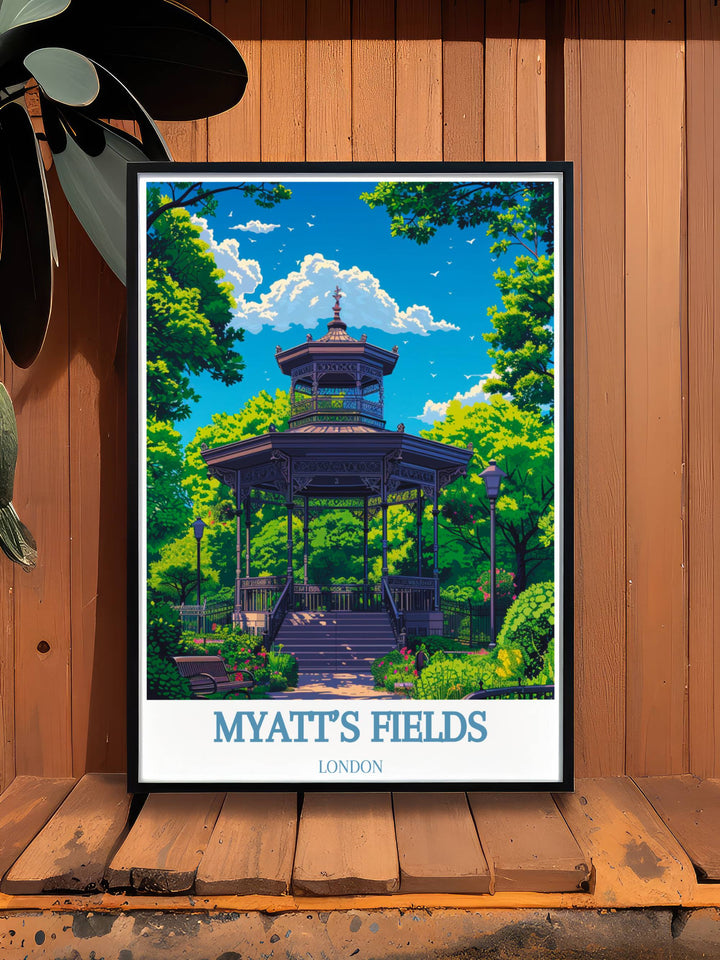 Elegant The Bandstand Artwork featuring classic London parks like Myatts Fields and Camberwell with a vintage travel print style ideal for sophisticated living spaces