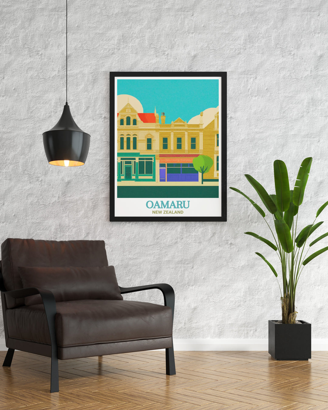 Victorian Precinct Travel Print showcasing the timeless beauty of Oamarus Victorian architecture. This print highlights the intricate details of the historical buildings, offering a touch of New Zealands heritage for your wall art collection.