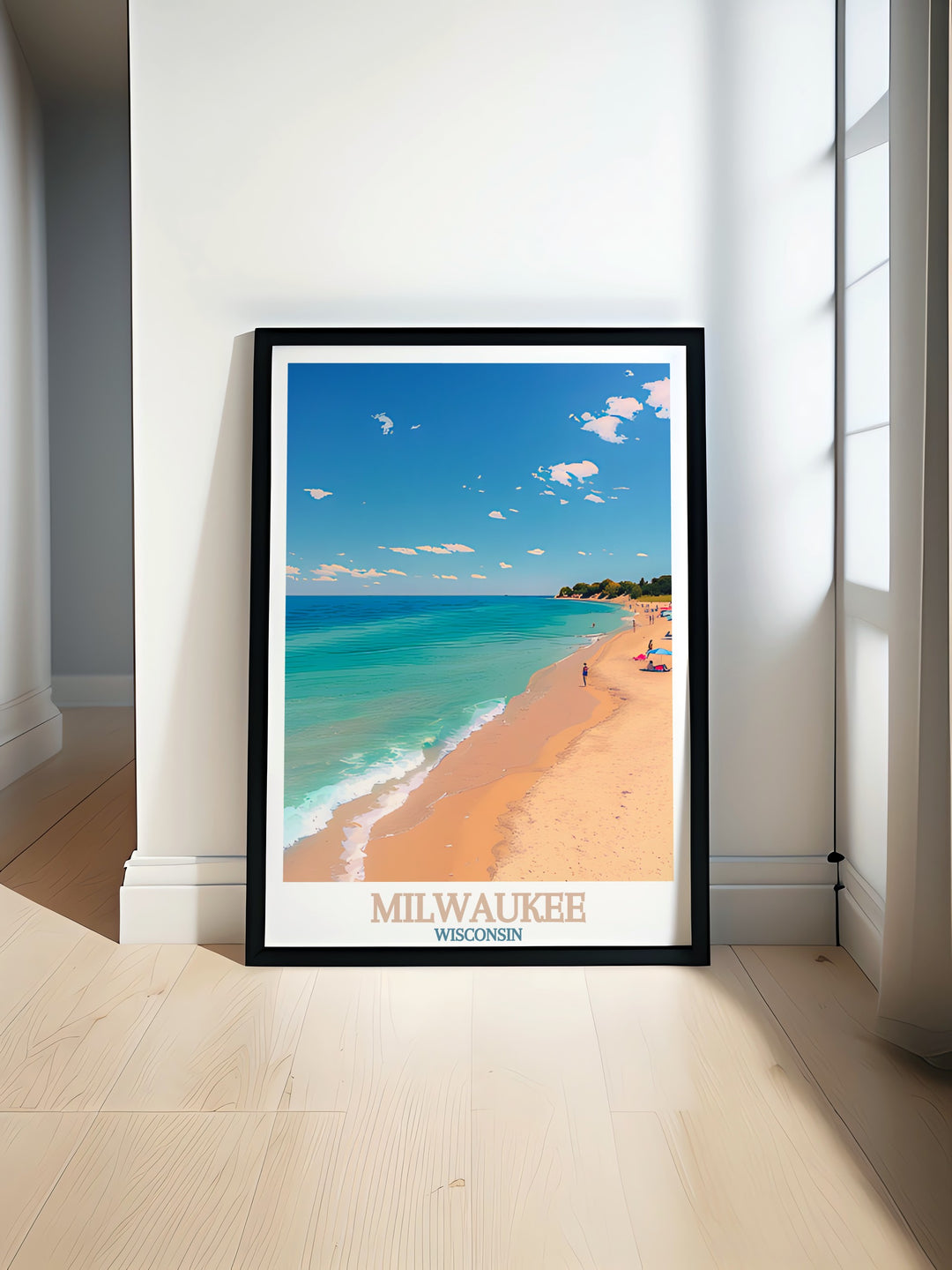 Lake Michigan modern art print featuring serene waters and vibrant shoreline perfect for stylish home decor and elegant living room enhancements