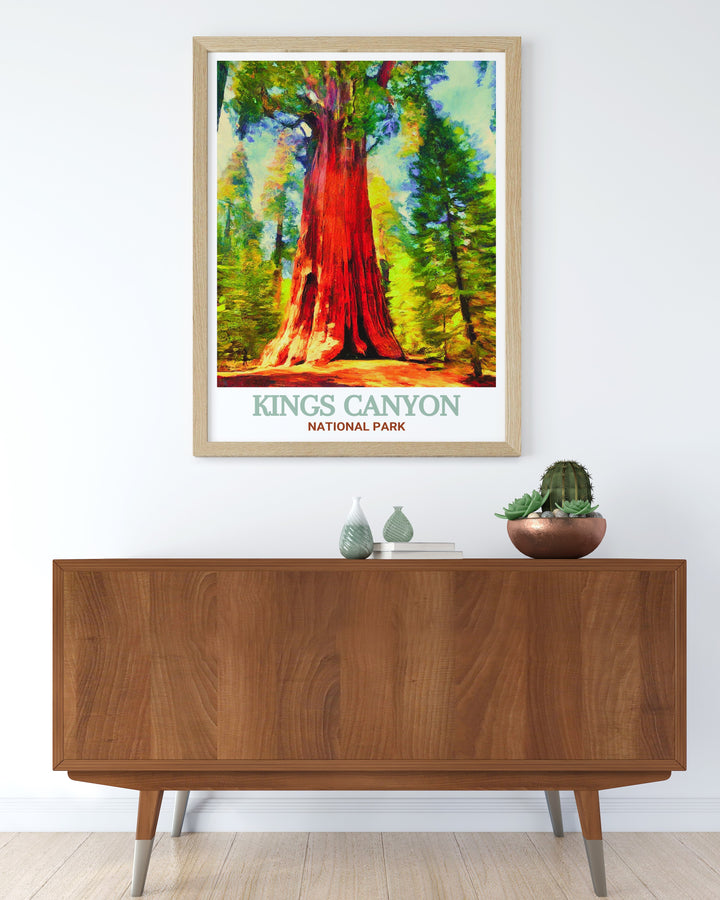 General Grant Tree travel print highlighting the iconic scenery of Kings Canyon National Park. Perfect for outdoor enthusiasts, this poster brings the beauty and history of Americas National Parks into your home.