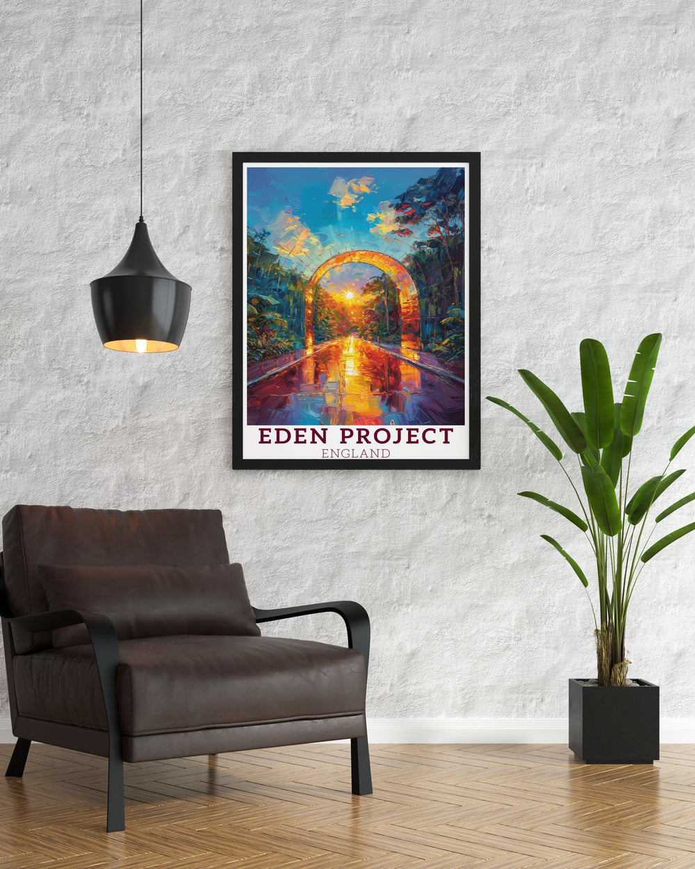 Eden Project travel poster showcasing the vibrant flora and architectural marvels of this famous Cornwall attraction a stunning piece for your living room or office adding a touch of elegance and environmental beauty to any space.