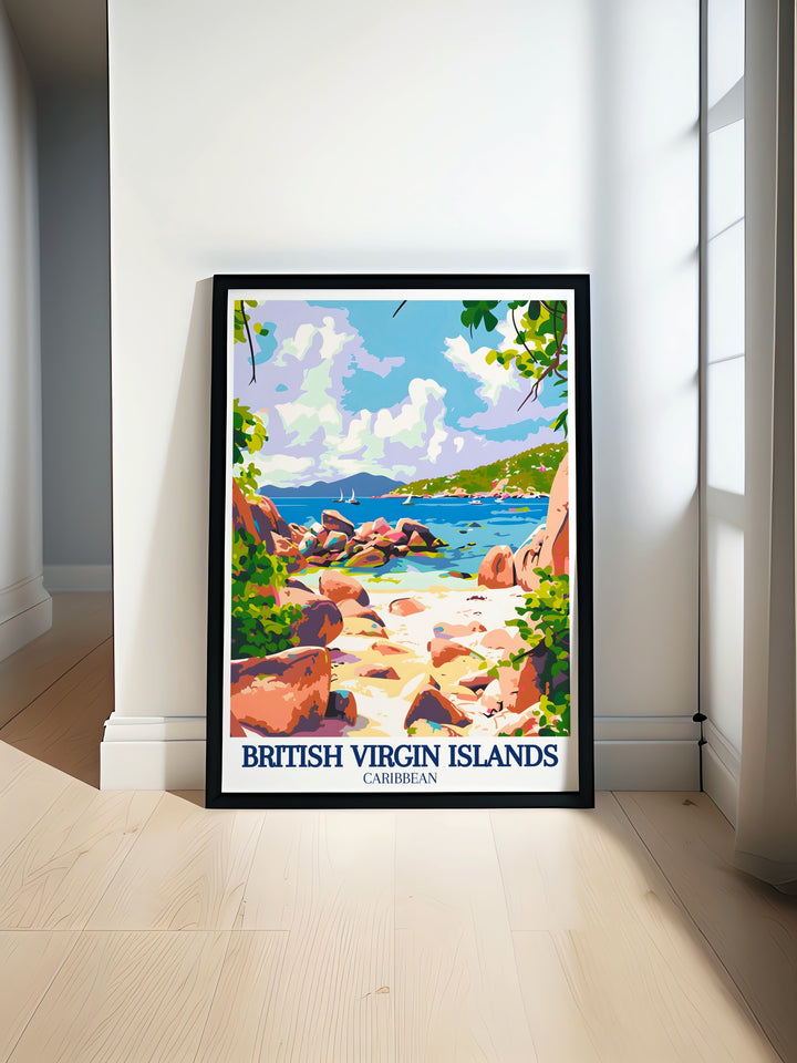 This Virgin Gorda poster offers a glimpse into the serene beauty of the Baths National Park. The detailed artwork emphasizes the natural formations and peaceful waters, making it a perfect piece for those who love coastal landscapes