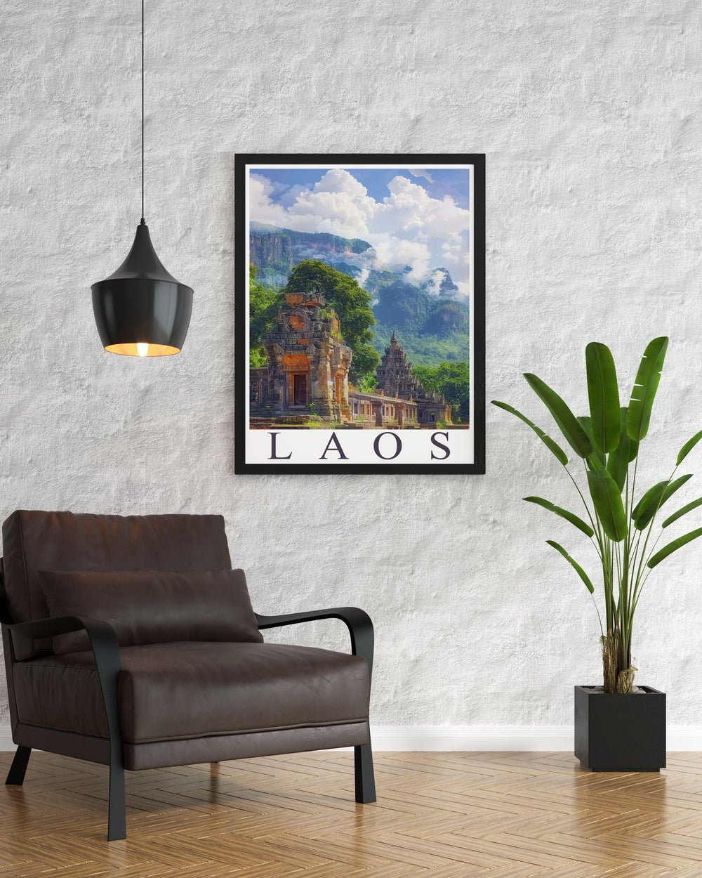 Enhance your wall art with the serene charm of Agios Nikolaos Greece travel print and Vat Phou stunning prints ideal for creating a sophisticated living room decor and adding a touch of Mediterranean and ancient mystique to your home