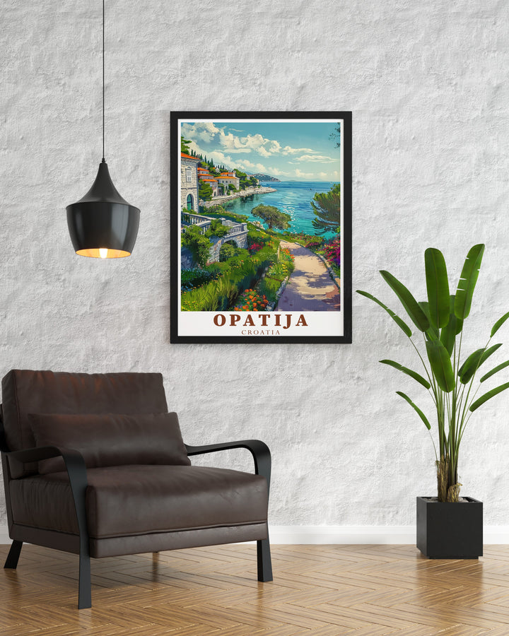 Elevate your home decor with Opatija Seaside Parks artwork a beautiful representation of Croatias coastal beauty this Opatija print is a must have for art collectors and travel enthusiasts alike