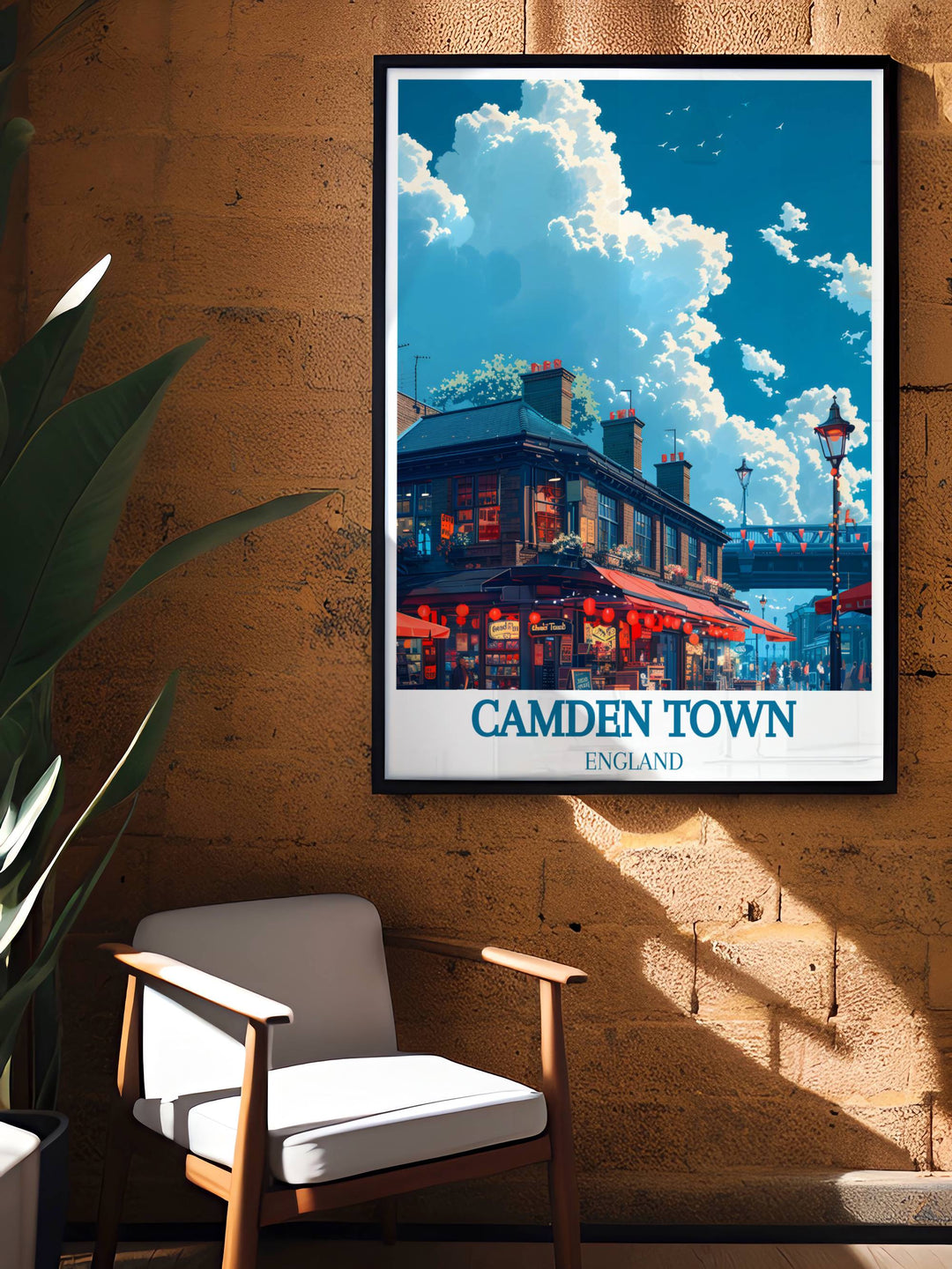 Camden Market artwork illustrating the bustling activity of Camden Market and the iconic Camden Lock Bridge a perfect piece for bringing a touch of London into your home and celebrating the unique spirit of Camden Town.