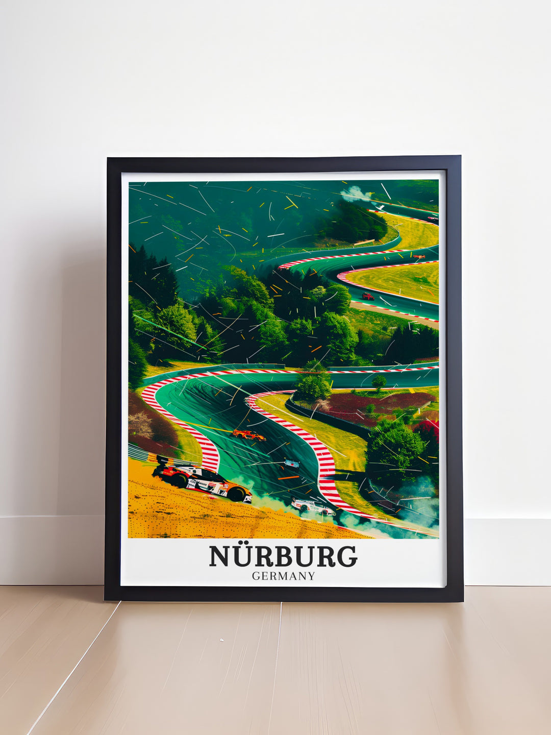 Celebrate Germanys most famous racetrack with this stunning Nürburg and Nürburgring artwork. The print showcases the challenging Nordschleife circuit, known for testing the limits of drivers. A perfect gift for motorsport fans or lovers of German history.