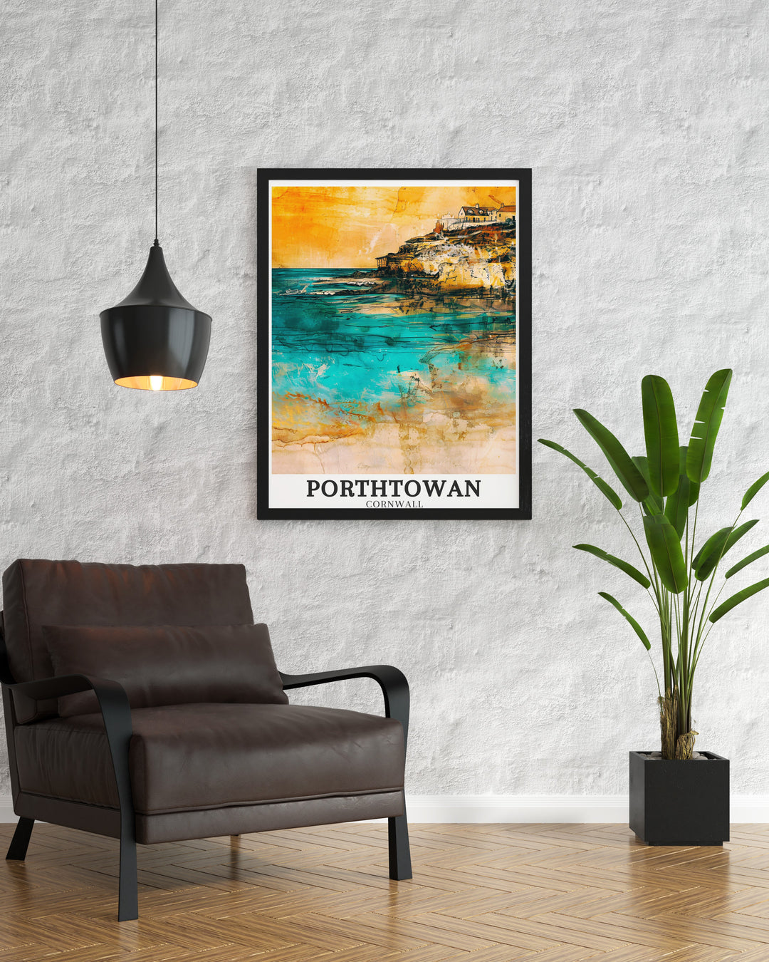 Detailed Porthtowan Beach print showcasing the golden sands and the dramatic cliffs that define Cornwalls coastline. The artwork also highlights the charm of Porthtowan Village, offering a complete view of this beloved coastal area, perfect for Cornwall wall art lovers