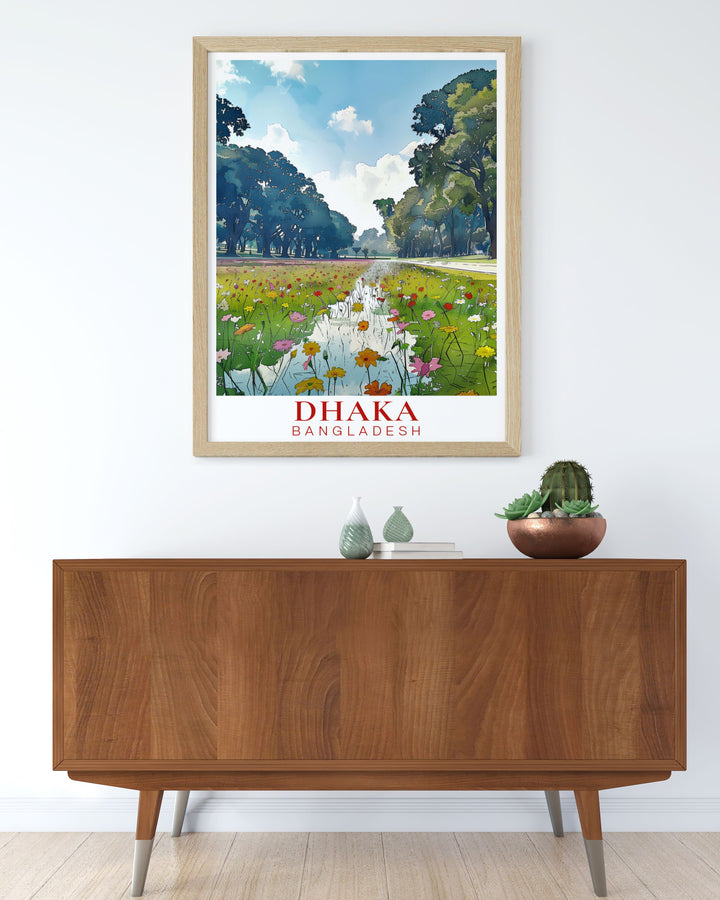Vibrant Ramna Park Wall Art depicting the peaceful scenery and lush landscapes of the park. This Ramna Park travel poster is a perfect addition to any room bringing a touch of nature and calm to your home decor while showcasing Dhakas green oasis.