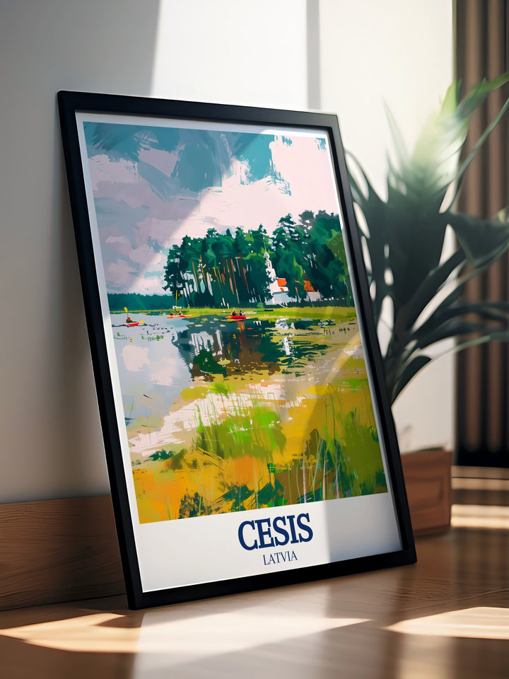 Artistic print of Cēsis, Latvia, depicting the medieval town, the peaceful Gauja River, and the vibrant nature of Gauja National Park. This piece brings the essence of Latvian landscapes into your home.