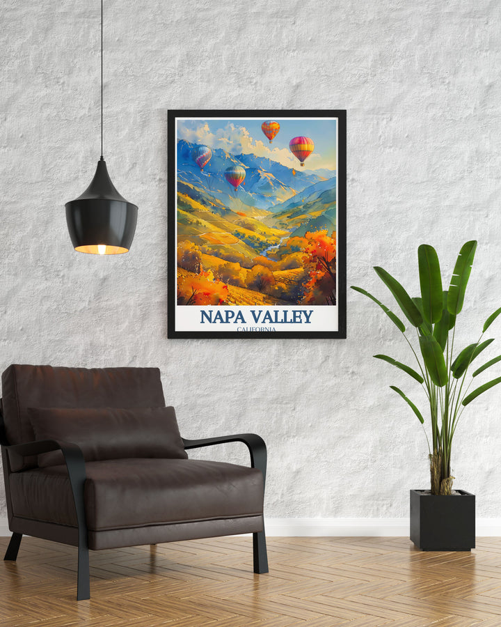 Captivating Napa Valley Wall Art featuring the beautiful Napa River and colorful hot air balloon rides framed by the stunning Mayacamas and Vaca mountain ranges perfect for modern home decor