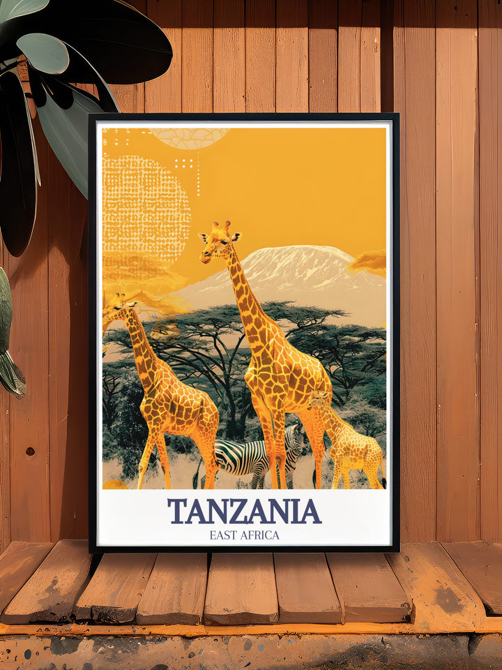 A beautiful travel poster print showcasing Mount Kilimanjaro, Tanzanias highest peak, captured in intricate detail with its snow capped summit. This artwork brings a sense of adventure and the natural beauty of Africas tallest mountain into your home decor, perfect for nature lovers and explorers.