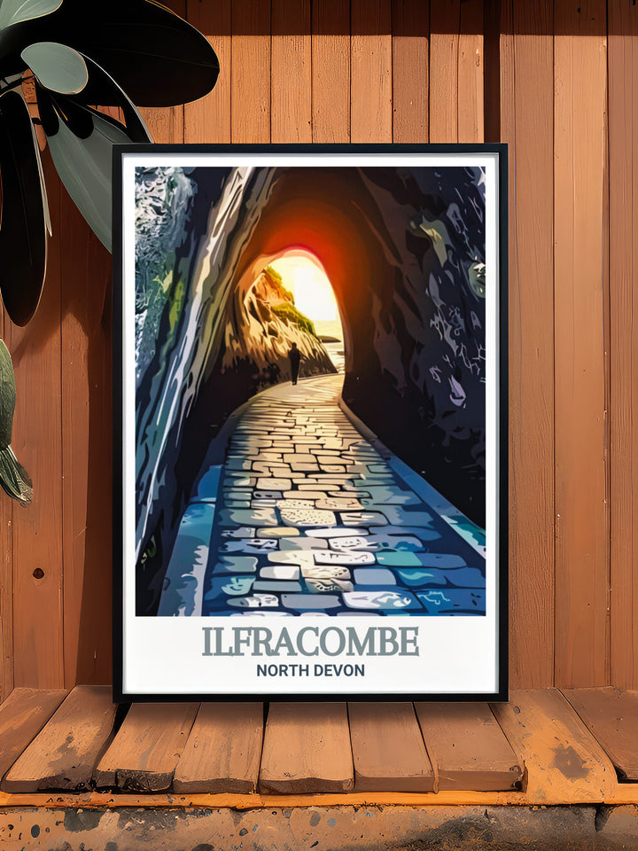 An art deco inspired travel print of Ilfracombe and its iconic Tunnels Beaches, celebrating the unique allure of North Devons coastline. Ideal for collectors of vintage travel art.