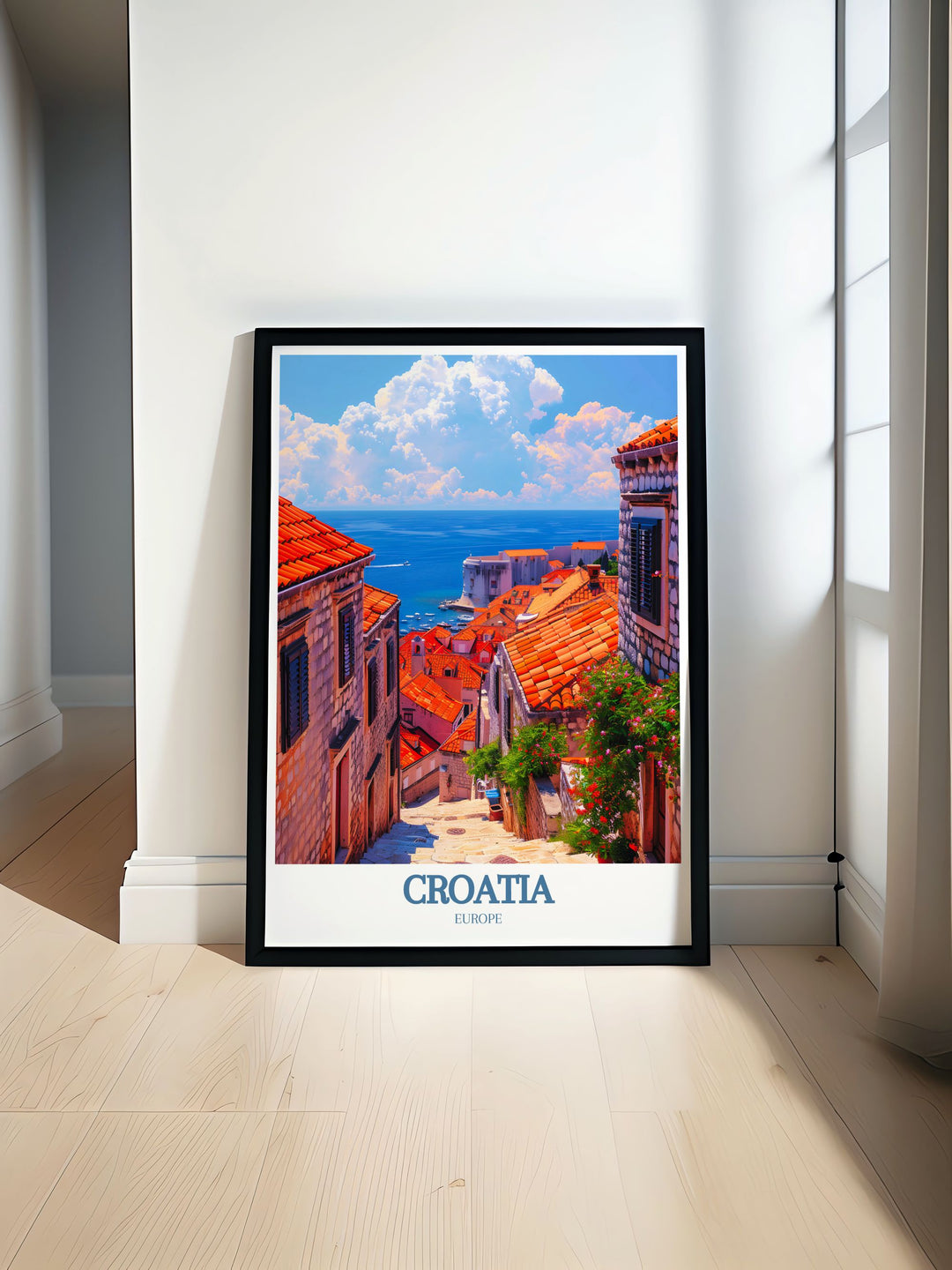 This travel poster captures the essence of Split and the adventure of exploring the Adriatic Sea, highlighting their unique beauty and significance, making it perfect for enhancing your home decor with Croatias charm.