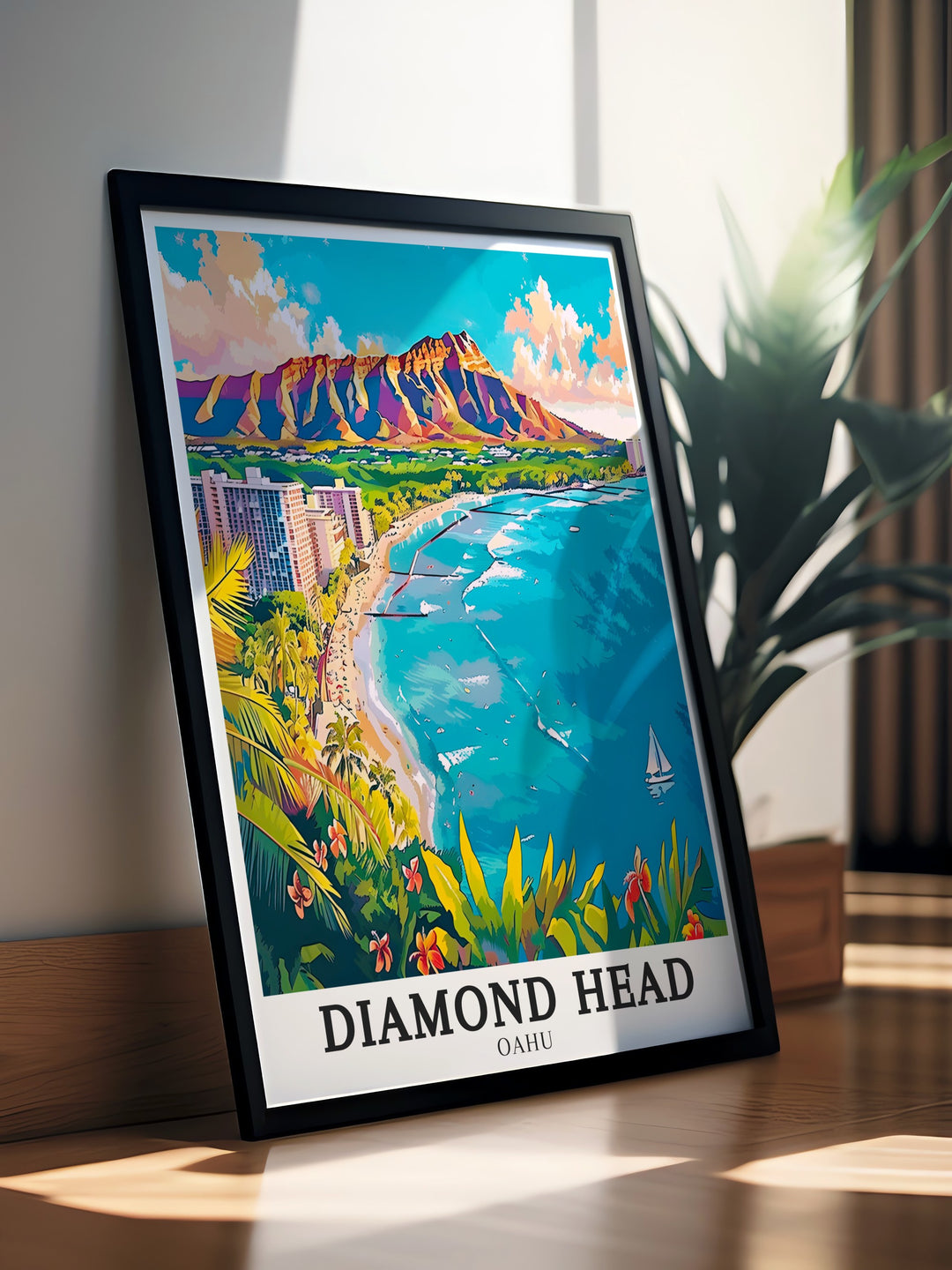 Featuring the breathtaking panorama of Diamond Head and Waikiki Beach, this Hawaii travel print is perfect for adding a touch of the islands to your decor. The artwork highlights the contrast between the volcanic mountains rugged textures and the gentle, turquoise waters of Waikiki, making it an ideal piece for tropical decor.