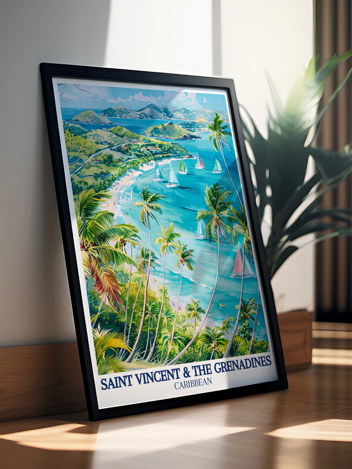 This Caribbean Sea poster brings the natural beauty of Saint Vincent & The Grenadines into your home. The lush island scenery and tranquil waters create a soothing atmosphere, perfect for adding a touch of tropical paradise to any room.