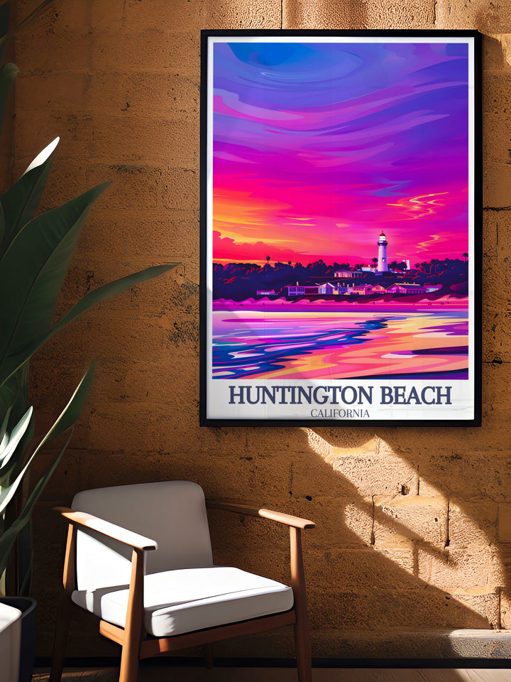 A minimalistic travel poster featuring Huntington Beach and the Huntington Beach Lighthouse. This art print showcases the beauty of Californias iconic coastline, from the sandy shores to the serene waters of Huntington State Beach.