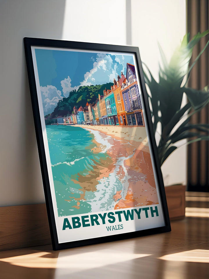 The Aberystwyth poster showcases the towns waterfront, with its historic pier and beautiful seafront views. This travel print adds a touch of Welsh culture and coastal elegance to any room, making it a perfect gift or personal keepsake for lovers of Wales.