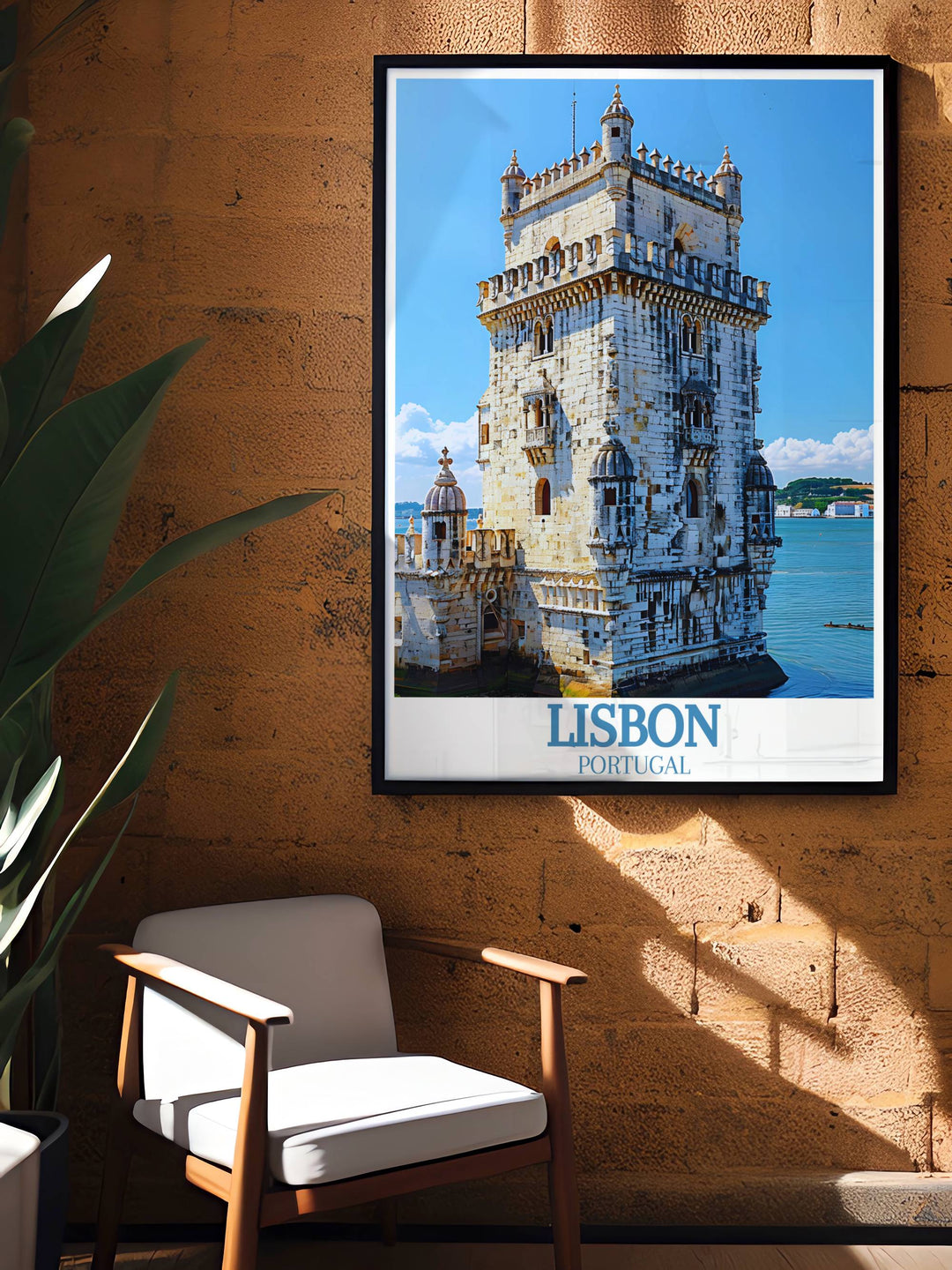 Stunning Belem Tower Torre de Belem Print with a focus on the intricate architectural features of the tower ideal for sophisticated home decor and modern art enthusiasts.