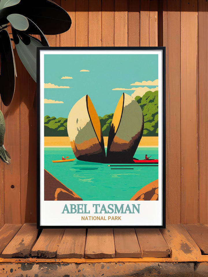 Discover the tranquility of Split Apple Rock with this beautiful National Park Poster showcasing the lush landscapes of Abel Tasman Coast Track perfect for adding a touch of elegance to your living room bedroom or office