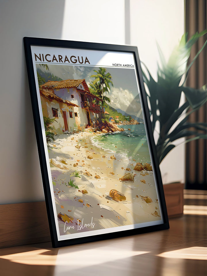 Corn Islands modern prints capturing the tranquility and natural beauty of Nicaragua ideal for stunning living room decor and elegant home decor showcasing Central American charm