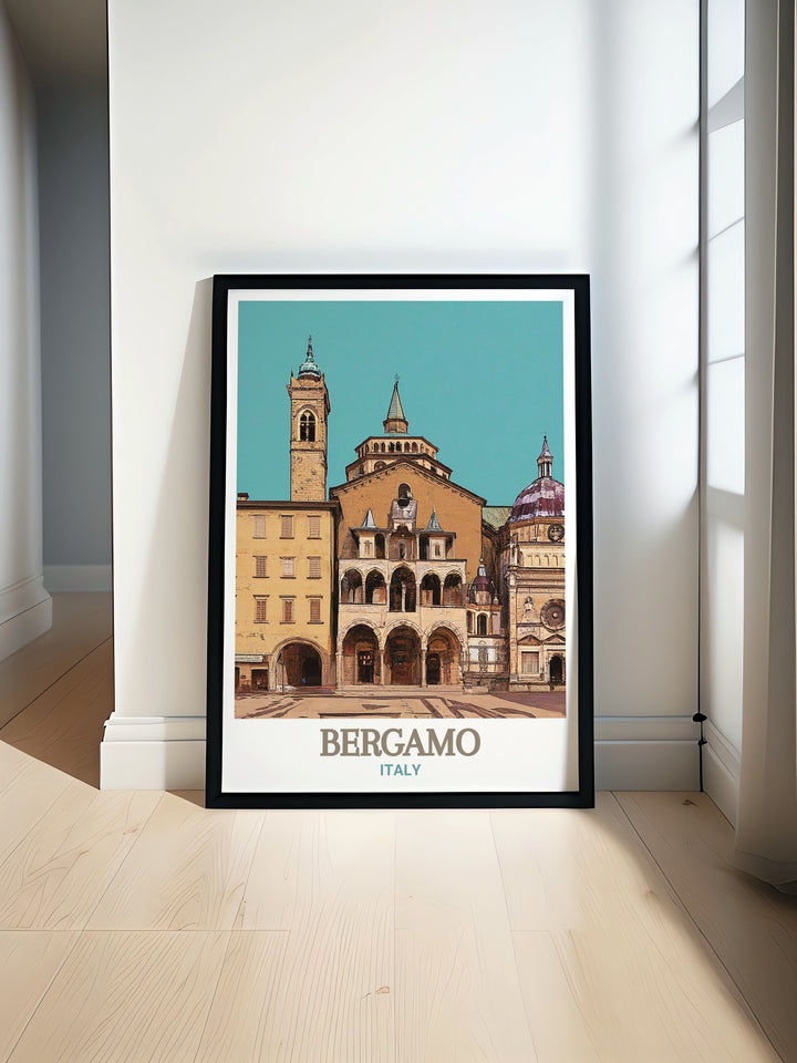 Elegant travel poster of Bergamos Piazza Vecchia. Capturing the timeless beauty and cultural charm of this famous Italian square. Ideal for decorating your home or office. High quality print with intricate details and vibrant colors.