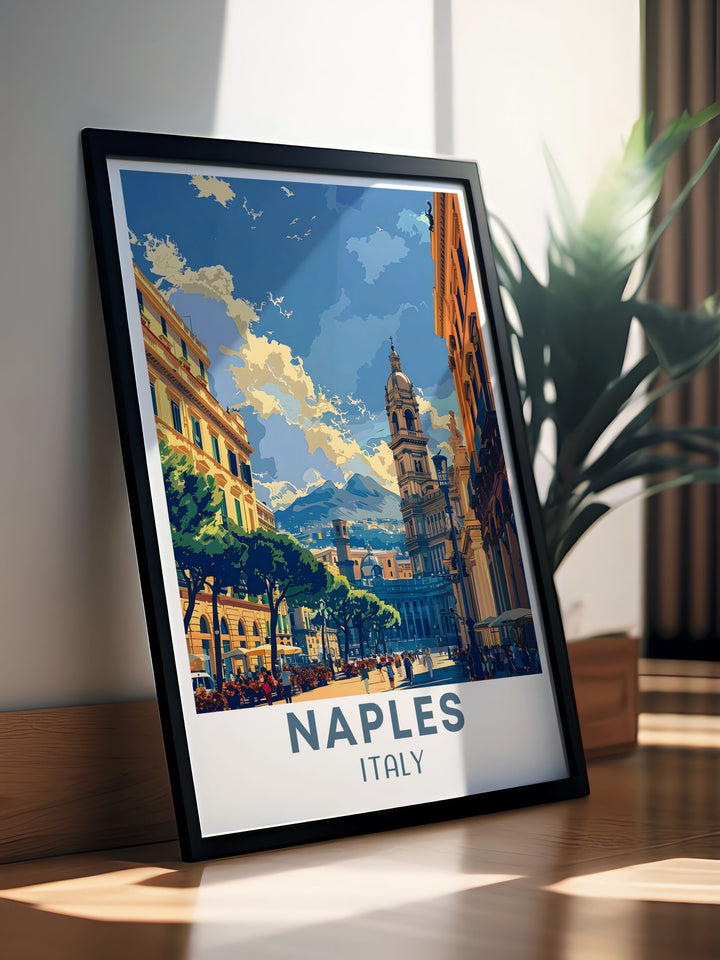 Stunning NAPLES Poster featuring the picturesque views of Naples Italy and the iconic Piazza del Plebiscito. Ideal for adding a touch of Italian elegance to your home. Perfect for those who love Italy and its rich heritage.