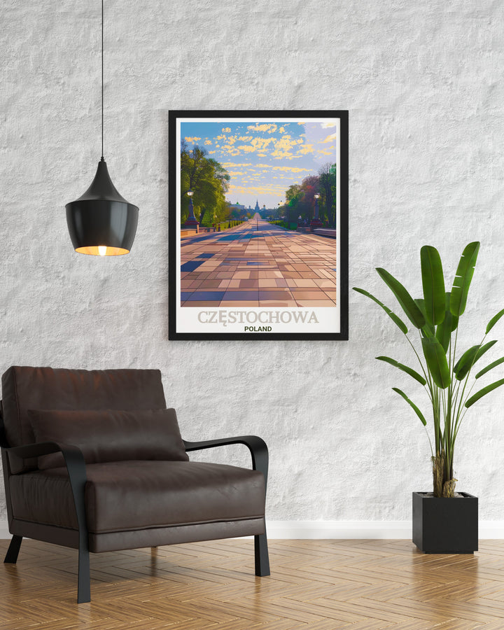 This Częstochowa poster print captures the historic Avenue of the Blessed Virgin Mary, a key pilgrimage path leading to the Jasna Góra Monastery in Poland. Perfect for religious and cultural enthusiasts, this travel art brings the beauty and significance of Częstochowa into your home.