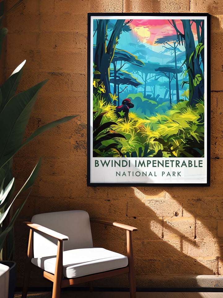 Showcasing the dense vegetation and diverse wildlife of Bwindi, this travel poster offers a stunning visual of one of Ugandas most treasured national parks.